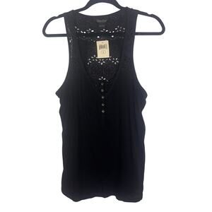 Lucky Brand Black Eyelet Tank Top Large Sleeveless Button Front Boho NWT